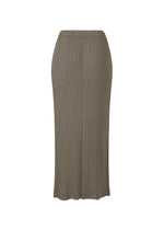 The ISSEY MIYAKE HATCHING PLEATS is a long, high-waisted taupe pleated skirt with a straight silhouette, made from recycled polyester and shown against a white background.