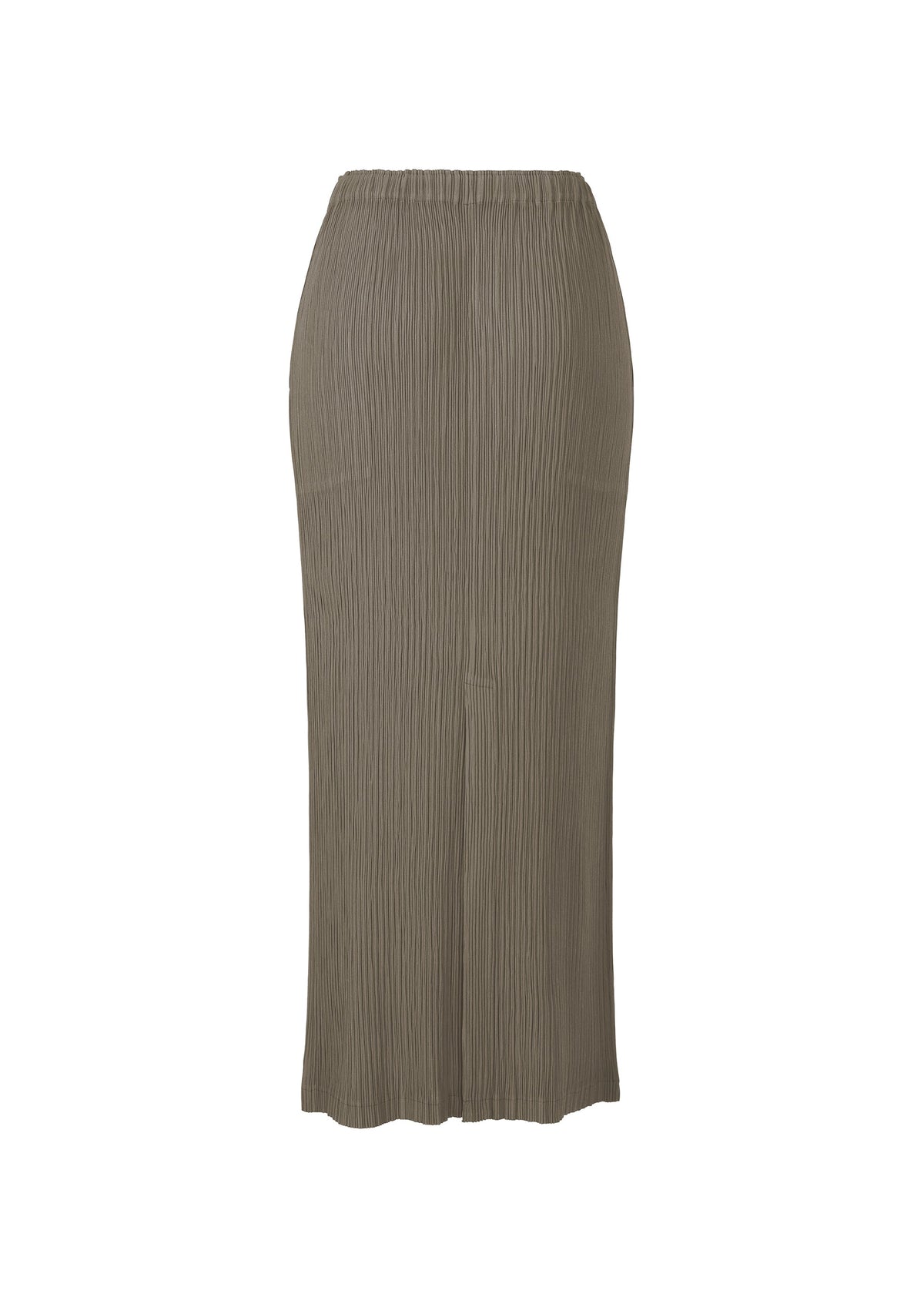 Zoomed view The ISSEY MIYAKE HATCHING PLEATS is a long, high-waisted taupe pleated skirt with a straight silhouette, made from recycled polyester and shown against a white background.