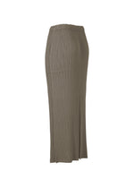 The HATCHING PLEATS by ISSEY MIYAKE is a taupe, ankle-length recycled polyester skirt with ribbed knit, a straight fit, and a subtle side slit, shown against a white background.