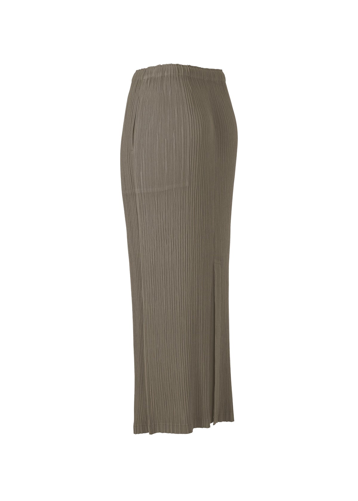 Zoomed view The HATCHING PLEATS by ISSEY MIYAKE is a taupe, ankle-length recycled polyester skirt with ribbed knit, a straight fit, and a subtle side slit, shown against a white background.