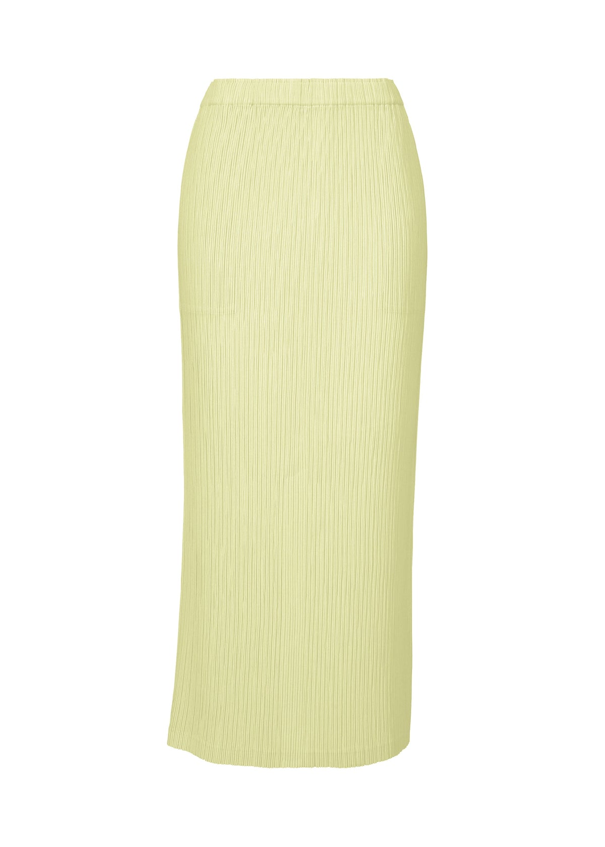 The HATCHING BOTTOMS by ISSEY MIYAKE is an ankle-length, light yellow skirt with a straight cut and subtle vertical pleats, crafted from polyester for a soft textured finish. It is displayed on a white background. view 1 of 8