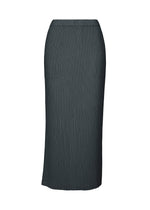 The ISSEY MIYAKE HATCHING BOTTOMS is a dark gray, high-waisted, ankle-length pleated skirt featuring a refined textured finish and subtle vertical pleats. Crafted from durable polyester, this elegant piece is displayed on a plain white background. - DARK NAVY （no.78）