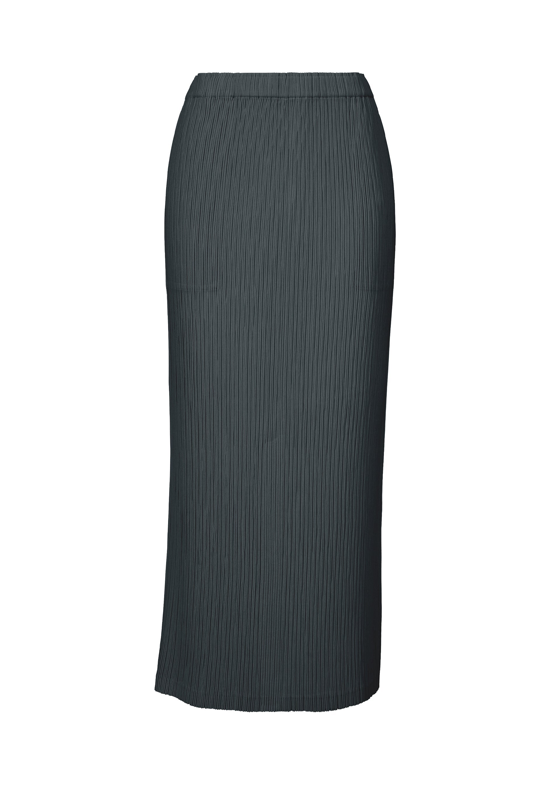 Zoomed view The ISSEY MIYAKE HATCHING BOTTOMS is a dark gray, high-waisted, ankle-length pleated skirt featuring a refined textured finish and subtle vertical pleats. Crafted from durable polyester, this elegant piece is displayed on a plain white background. - DARK NAVY （no.78）