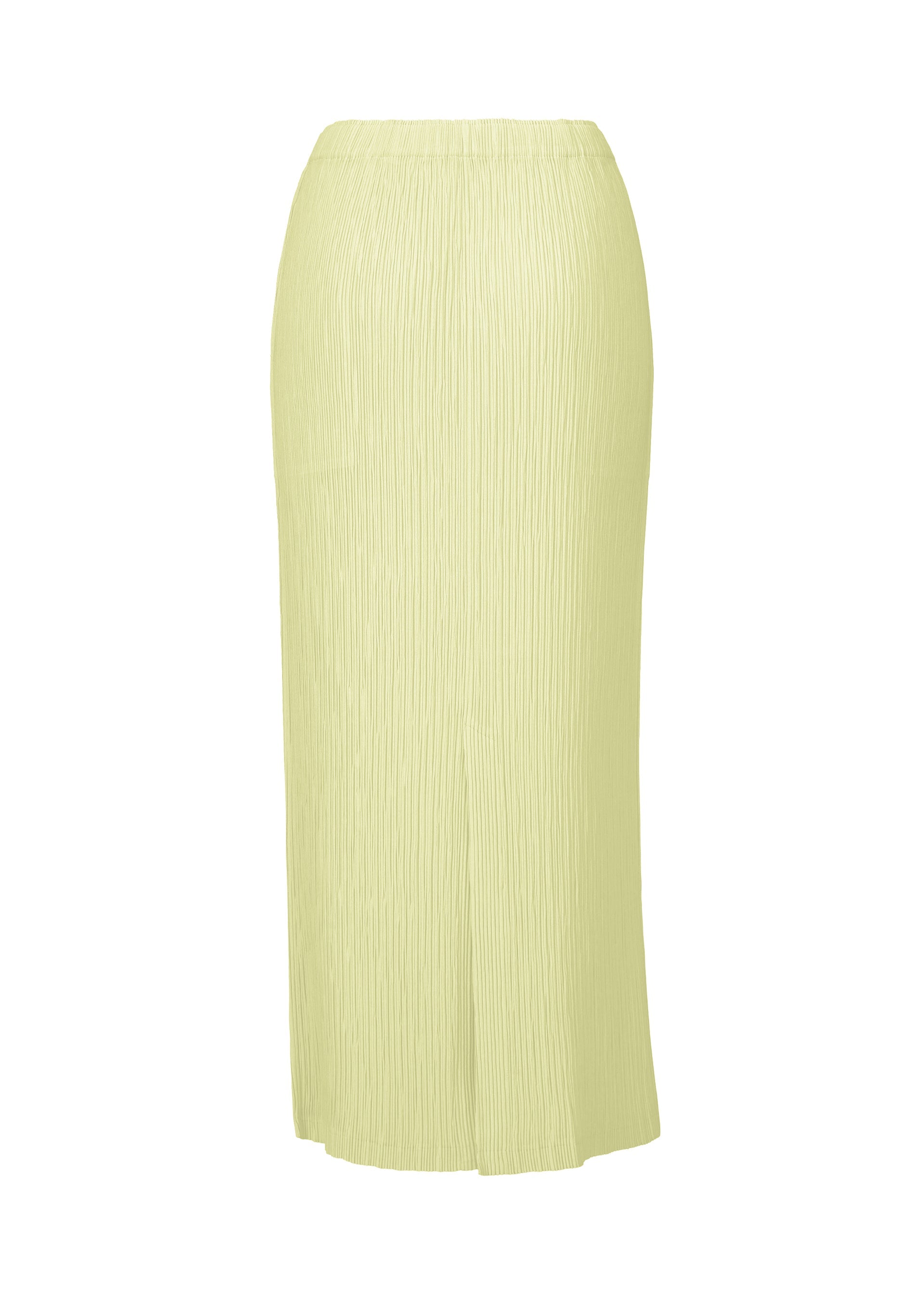Zoomed view HATCHING BOTTOMS by ISSEY MIYAKE: Ankle-length, light yellow ribbed skirt featuring a straight cut and subtle back slit, crafted from soft polyester for a comfortable textured finish, shown on a white background.
