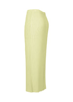 Side view of ISSEY MIYAKE’s HATCHING BOTTOMS—a light yellow, ankle-length pleated skirt with a subtle textured finish and an elastic waistband. Crafted from polyester, its simple and elegant design makes it suitable for both casual and semi-formal occasions.