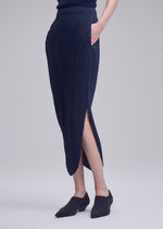 A person is wearing the LEAF PLEATS navy blue skirt by ISSEY MIYAKE, featuring double pleats, an ankle-length curved hem, a side slit, and pockets. They have paired it with black slip-on shoes against a plain, light-colored background.