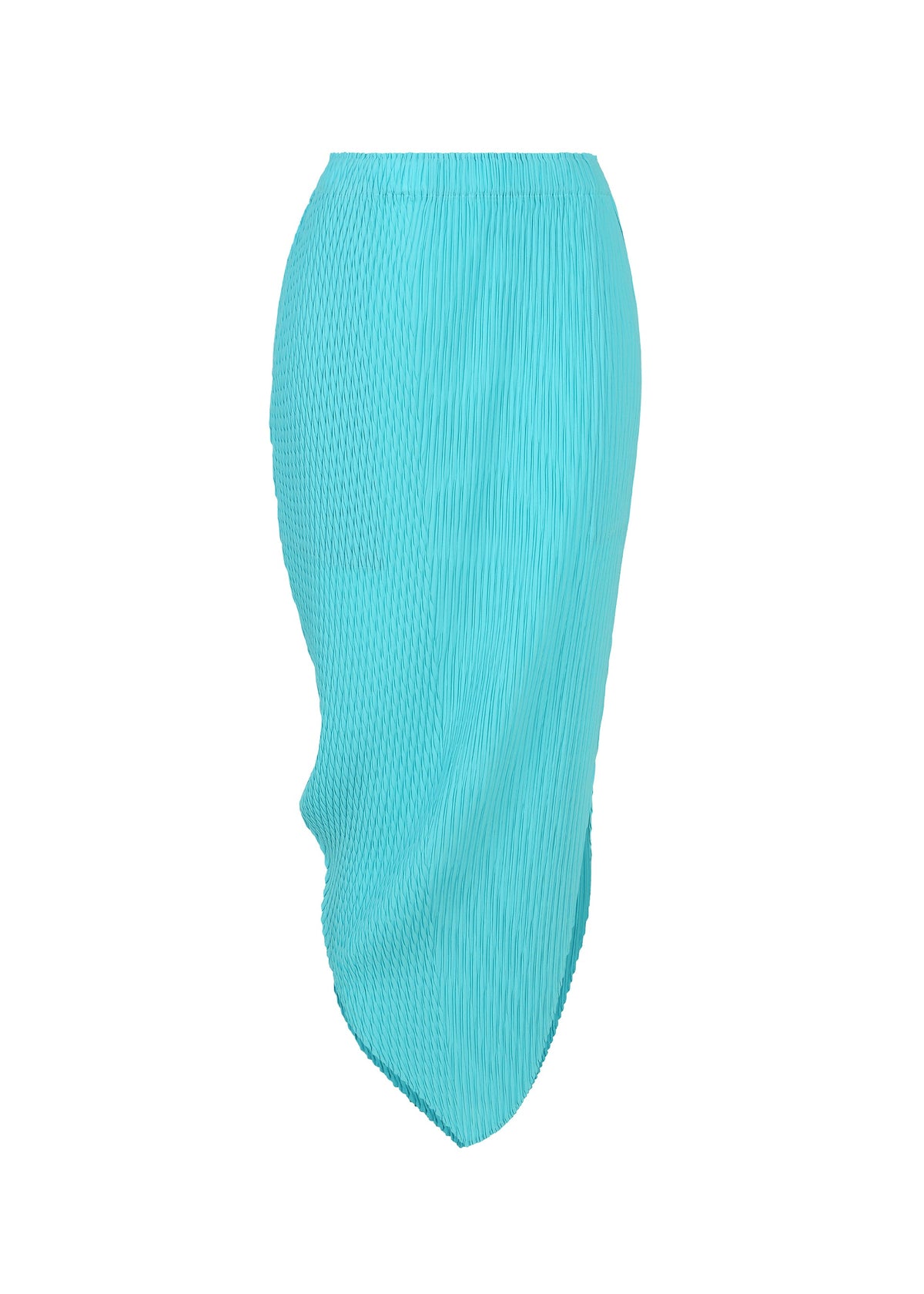 The LEAF PLEATS skirt by ISSEY MIYAKE, shown on a white background, features bright turquoise textured pleats, an elastic waistband, and an asymmetric hem. view 2 of 8