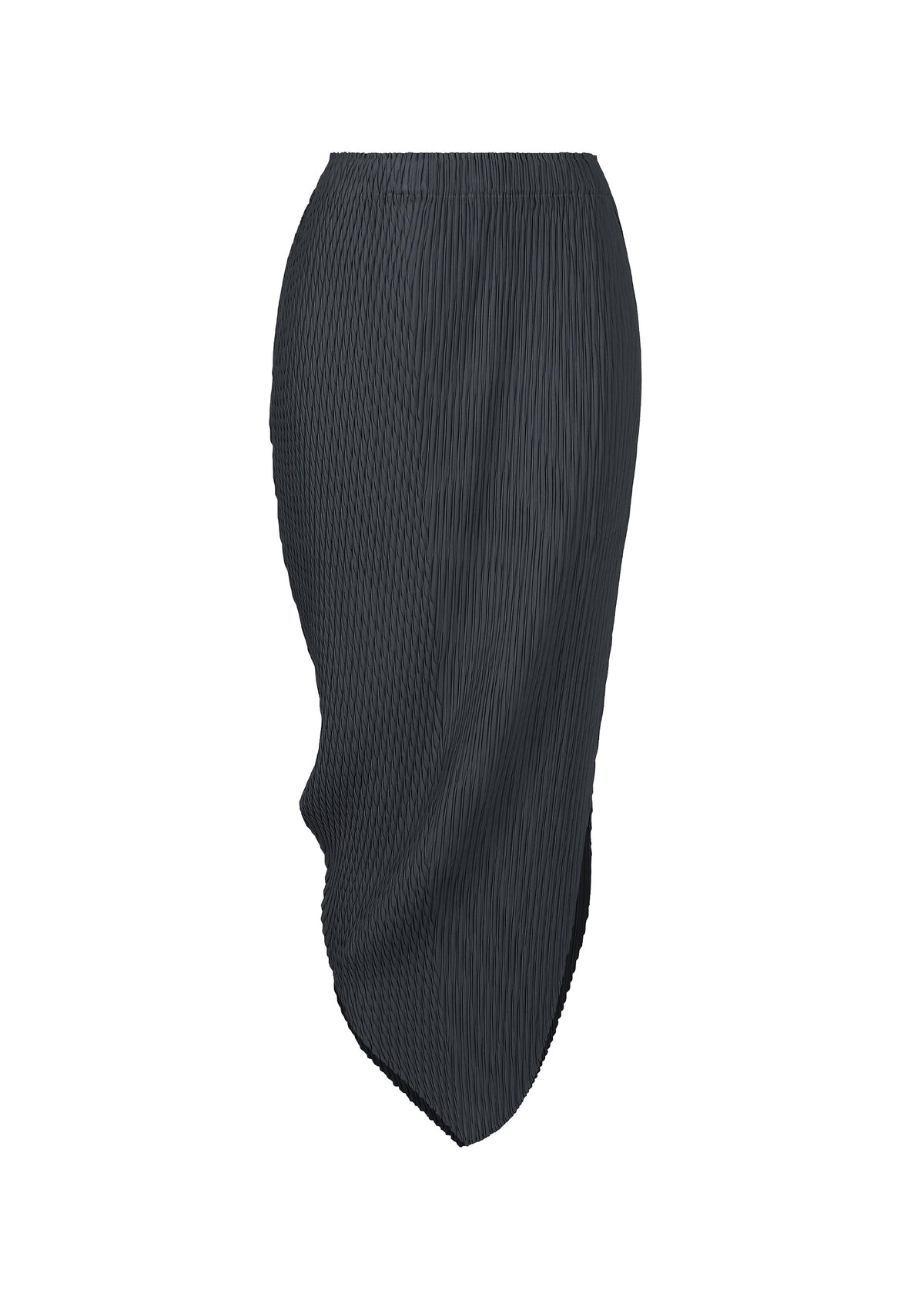 The LEAF PLEATS skirt by ISSEY MIYAKE, shown against a white background, features a charcoal gray hue, asymmetrical silhouette, double pleating, a textured fabric, and an uneven hem. view 3 of 8