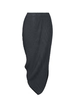 The LEAF PLEATS skirt by ISSEY MIYAKE, shown against a white background, features a charcoal gray hue, asymmetrical silhouette, double pleating, a textured fabric, and an uneven hem. - DARK NAVY （no.78）