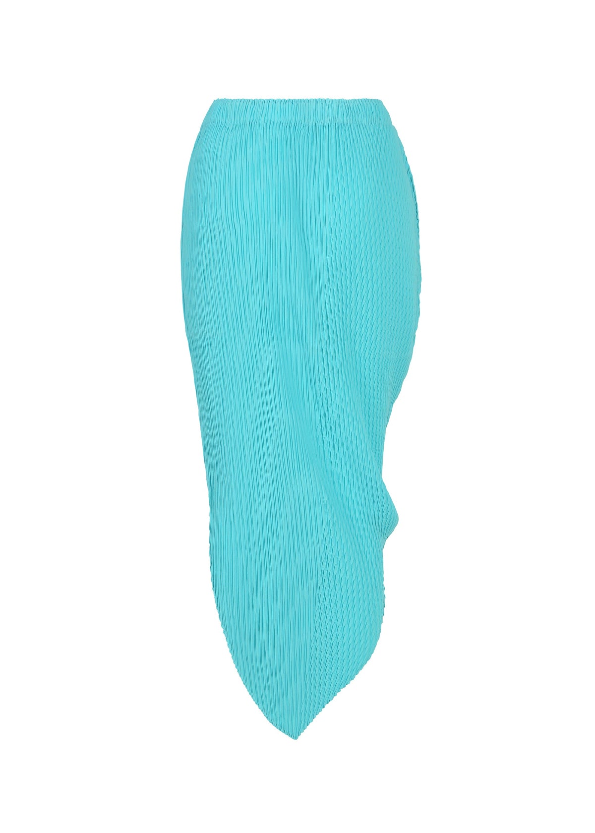 The LEAF PLEATS skirt by ISSEY MIYAKE, featuring turquoise double pleats and an asymmetrical hem, is displayed on a white background. view 4 of 8