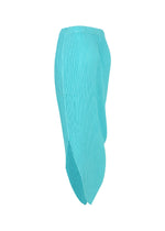 The LEAF PLEATS skirt by ISSEY MIYAKE, featuring turquoise double pleating and an asymmetrical hem, is displayed from a side angle against a white background.