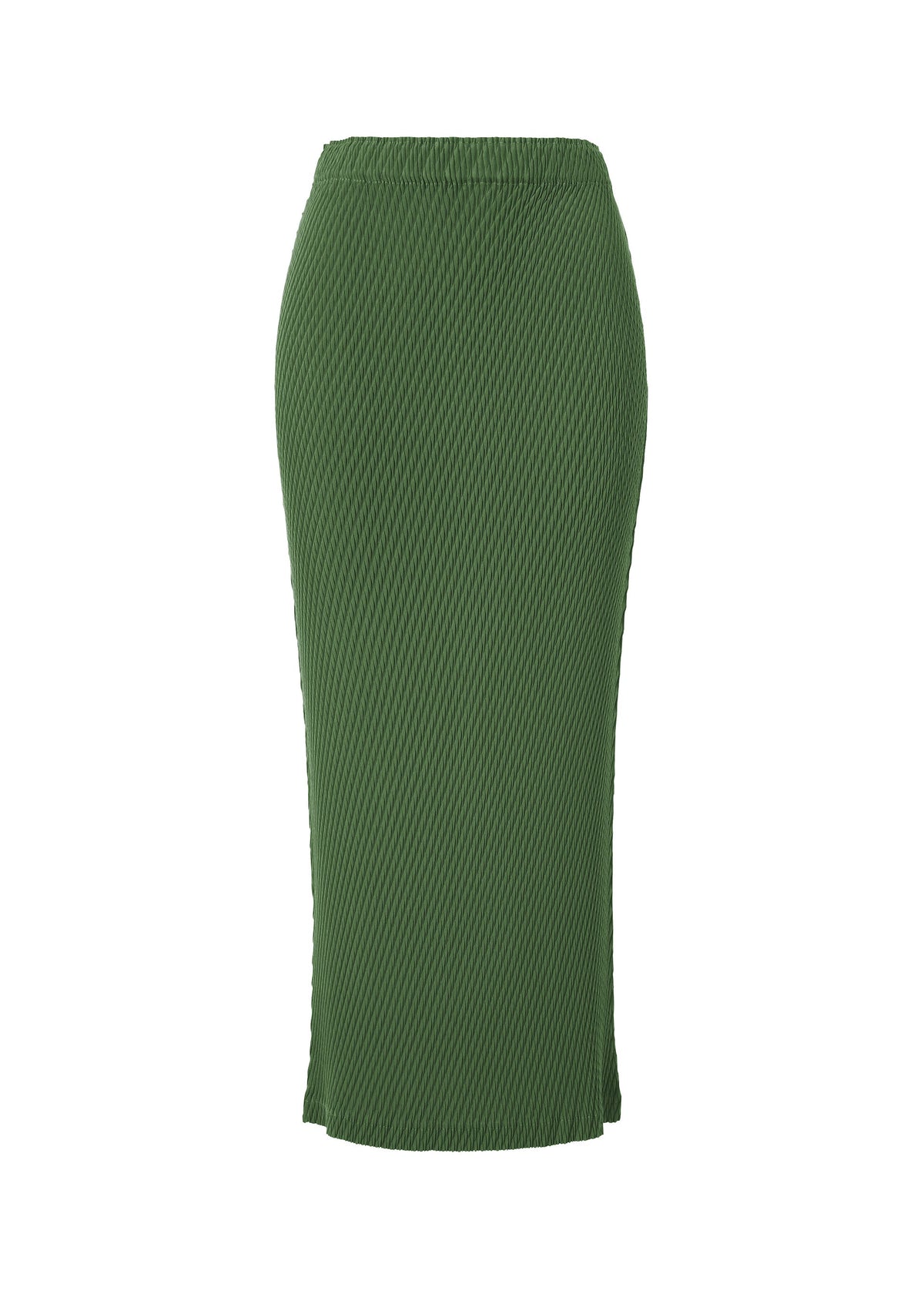 The RHOMBUS PLEATS by ISSEY MIYAKE is a green, ribbed knit pencil skirt with a high waist, ankle length, and sleek, tight fit featuring subtle vertical texture. view 1 of 5