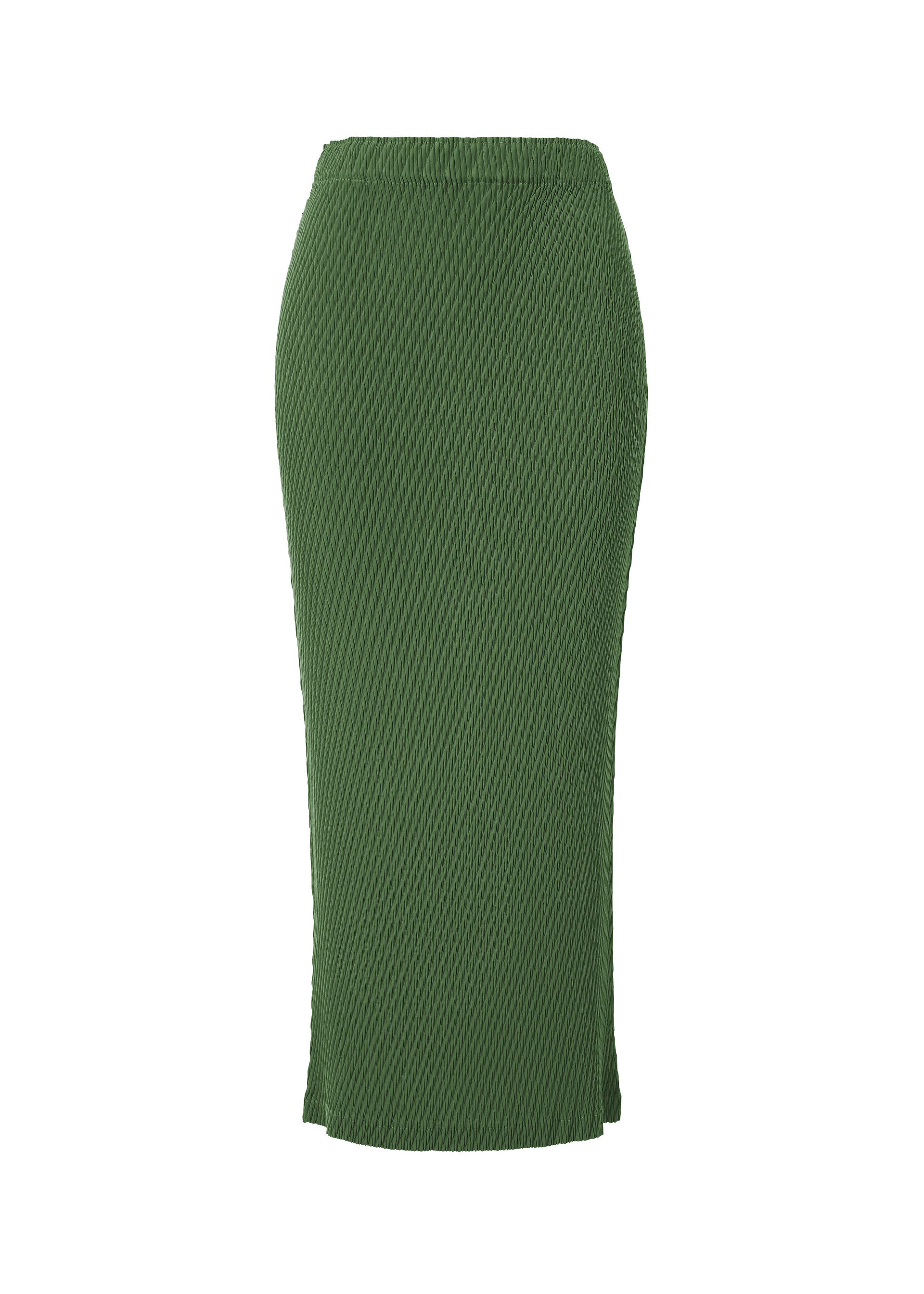 Zoomed view The RHOMBUS PLEATS by ISSEY MIYAKE is a green, ribbed knit pencil skirt with a high waist, ankle length, and sleek, tight fit featuring subtle vertical texture. - DARK GREEN （no.63）