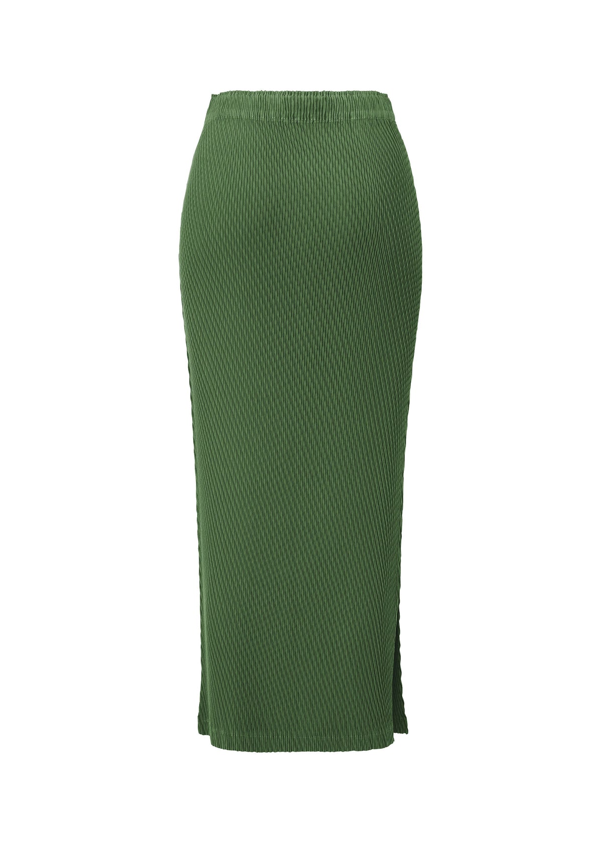 The RHOMBUS PLEATS skirt by ISSEY MIYAKE is an olive green, ribbed knit midi with a high waist and straight, fitted silhouette, shown against a white background. view 2 of 5