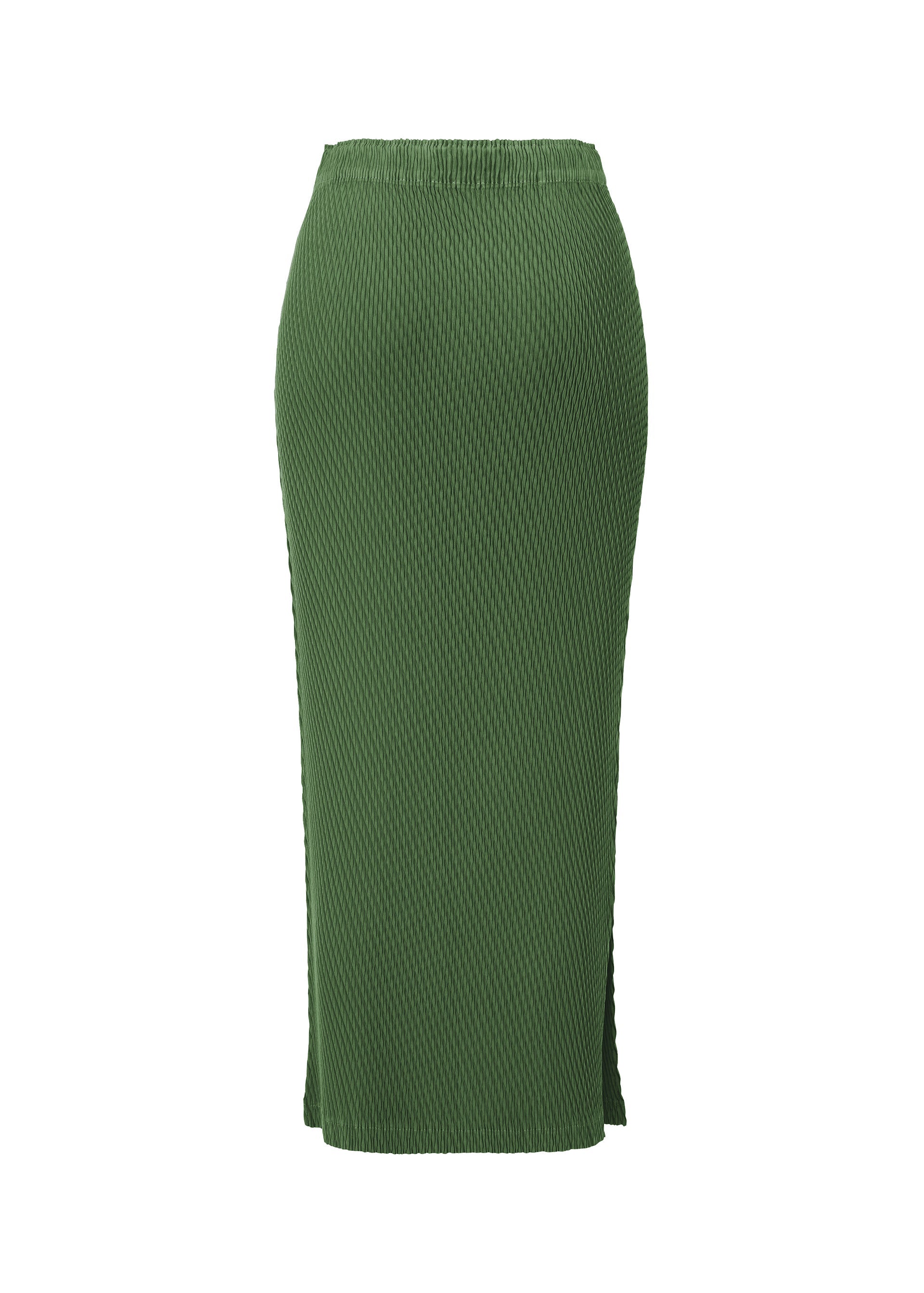 Zoomed view The ISSEY MIYAKE RHOMBUS PLEATS skirt is a green, ribbed, high-waisted midi pencil skirt with subtle double pleats and a discreet side slit, shown on a plain white background.