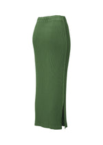 The ISSEY MIYAKE RHOMBUS PLEATS skirt is a green, ribbed, high-waisted midi with a sleek silhouette, side slit, and slim fit, showcased on a plain white background.