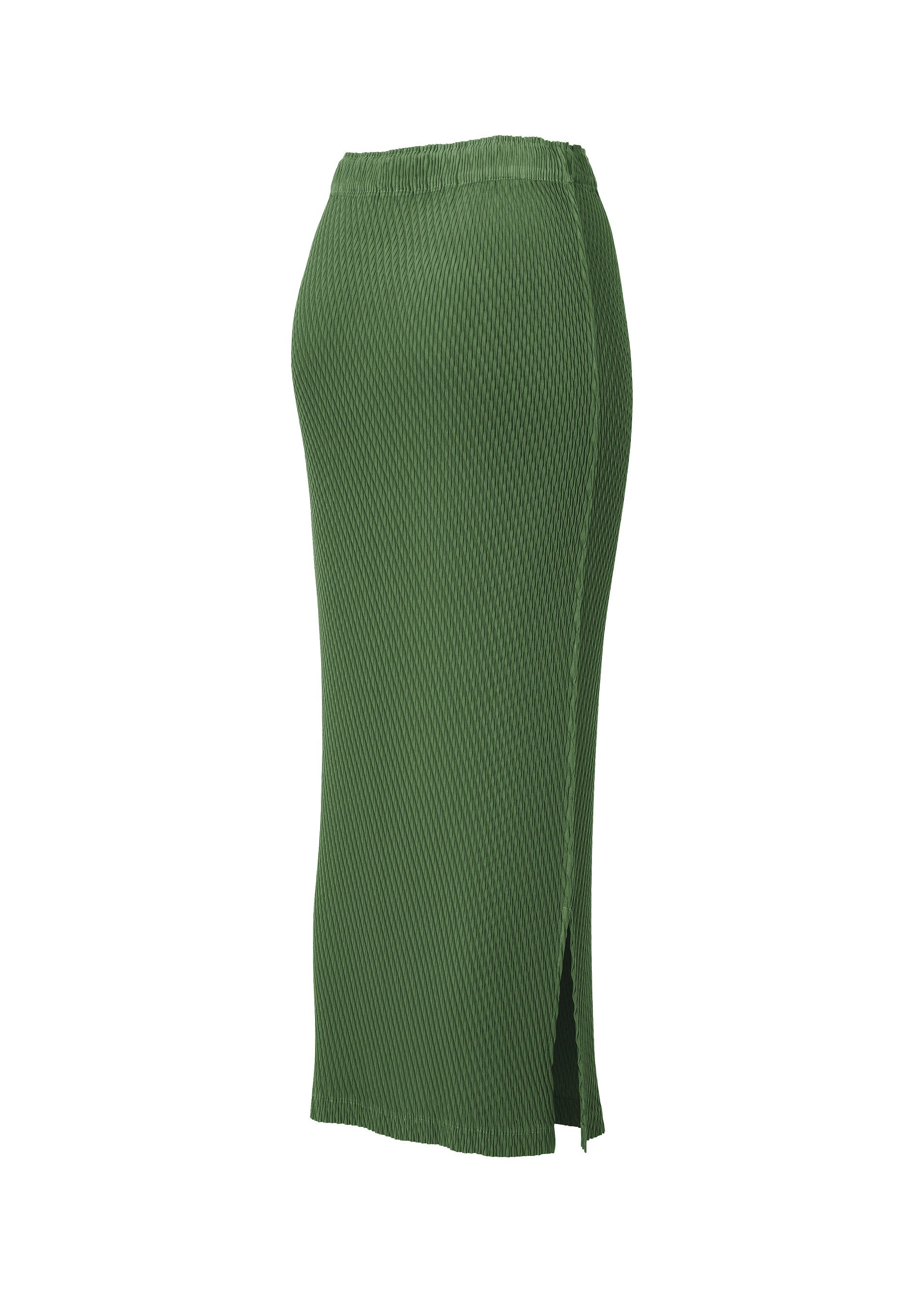 Zoomed view The RHOMBUS PLEATS skirt by ISSEY MIYAKE is a green, ribbed knit midi with a high waist, sleek fitted silhouette, and side slit, shown against a white background.