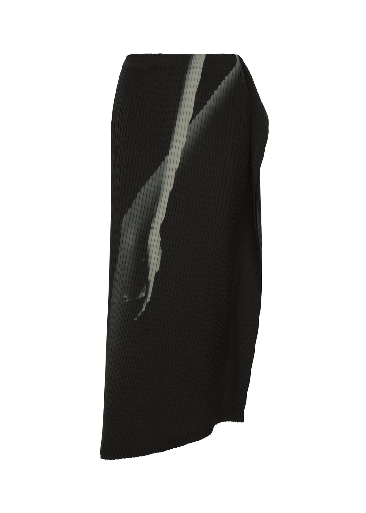 The HANDS OF LOVER PLEATS skirt by ISSEY MIYAKE is a black, ribbed, asymmetrical design crafted from polyester crepe de chine, featuring an original subtle vertical light gray streak pattern that extends from the waist to the hem, displayed against a plain white background. view 1 of 7