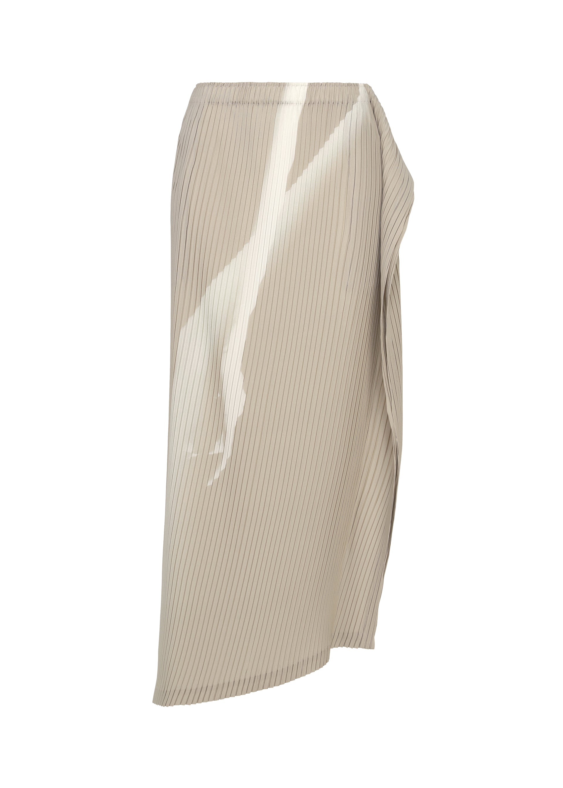 Zoomed view The HANDS OF LOVER PLEATS skirt by ISSEY MIYAKE is a beige, high-waisted, midi-length piece crafted from polyester crepe de chine. Featuring fine vertical pinstripes and an asymmetric draped design, this skirt has a slightly shiny finish and a flowy silhouette. Presented against a white background. - BEIGE-HUED （no.46）