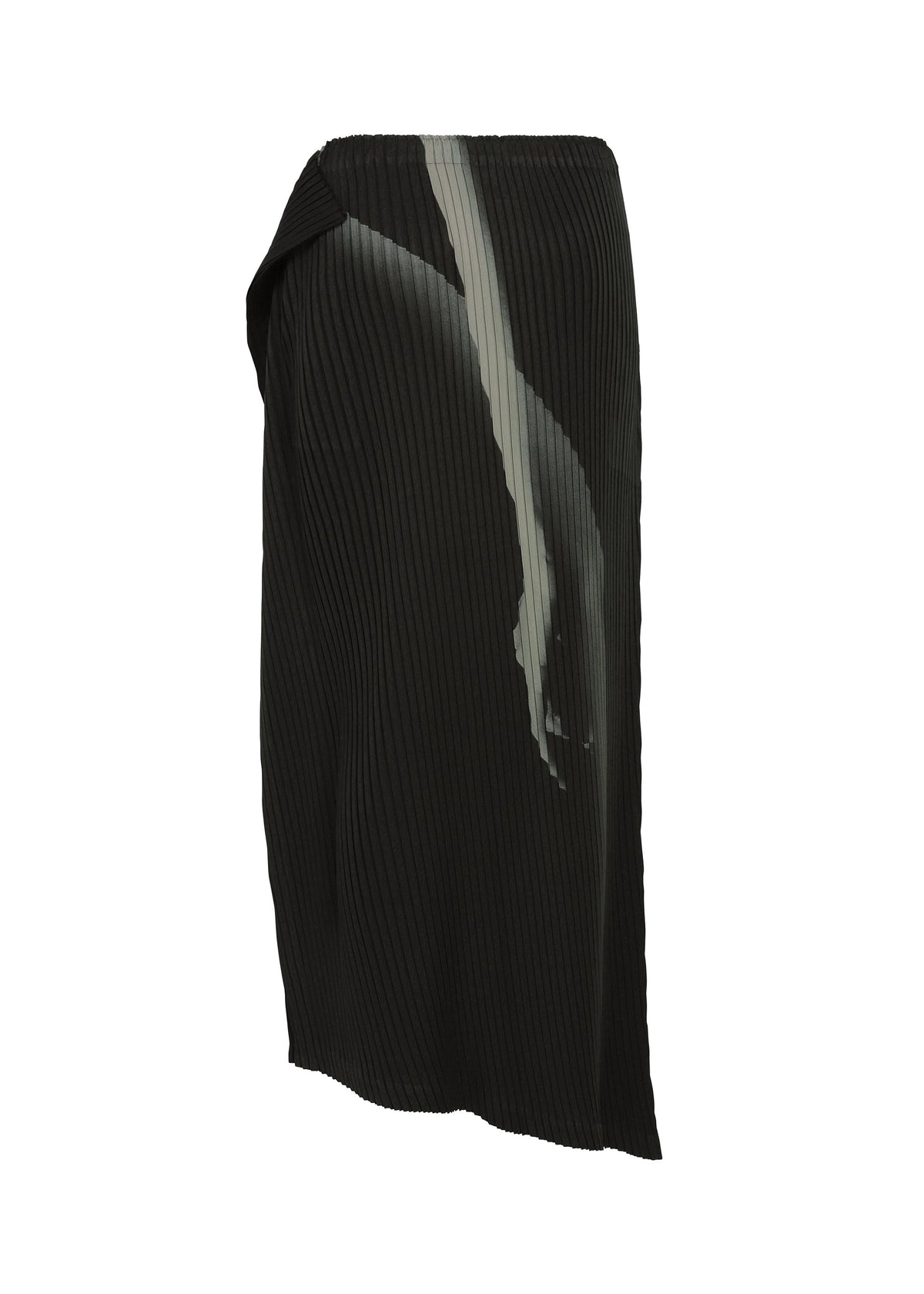 The HANDS OF LOVER PLEATS skirt by ISSEY MIYAKE is crafted from black polyester crepe de chine and features a distinctive light gray abstract diagonal stripe on one side. Displayed against a plain white background, this skirt merges modern design with classic pleats for a truly striking statement. view 3 of 7