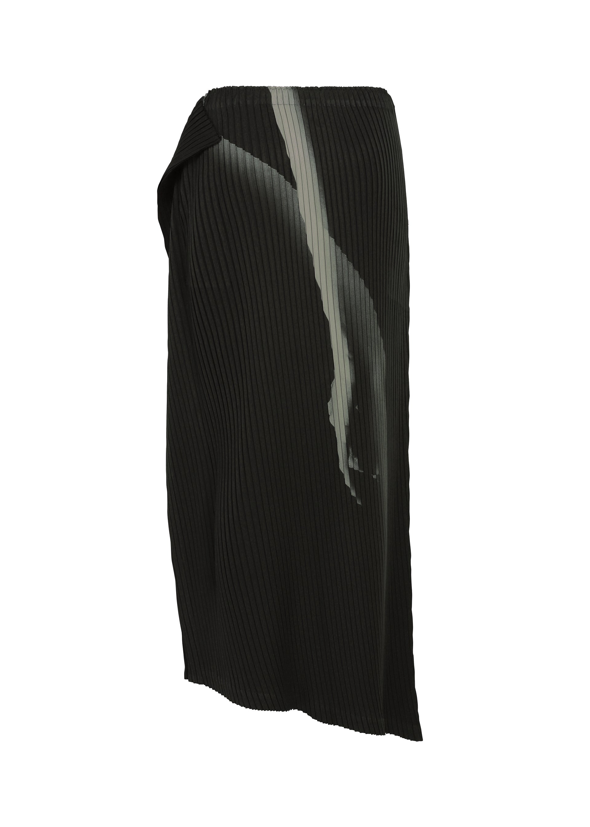 Zoomed view The HANDS OF LOVER PLEATS skirt by ISSEY MIYAKE is crafted from black polyester crepe de chine and features a distinctive light gray abstract diagonal stripe on one side. Displayed against a plain white background, this skirt merges modern design with classic pleats for a truly striking statement.