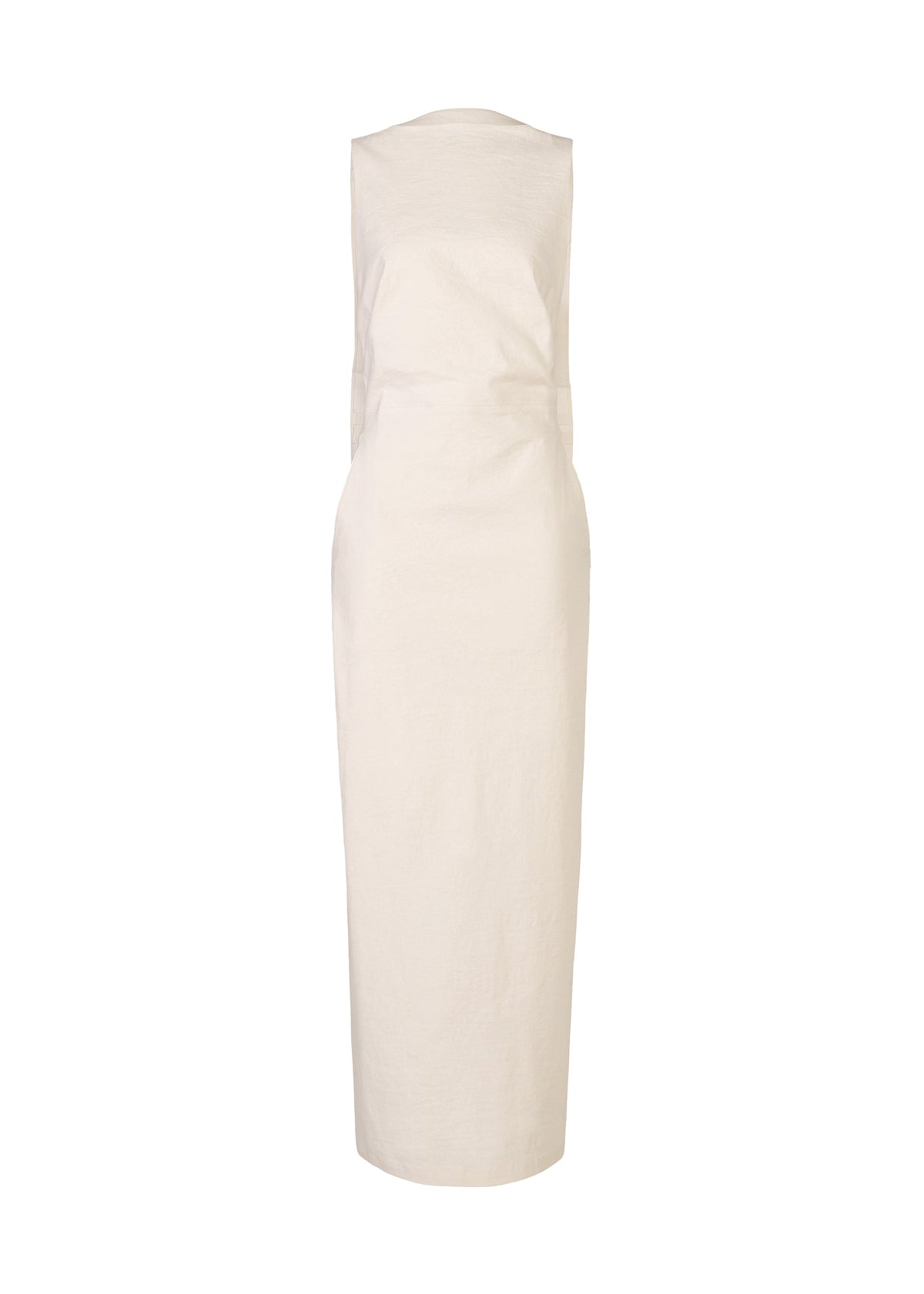 The ALLOW dress by ISSEY MIYAKE is a sleeveless, knee-length off-white minimalist piece crafted from washi paper-blend fabric, featuring a fitted waist and clean lines, shown on a plain white background. view 1 of 8
