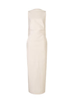 The ALLOW dress by ISSEY MIYAKE is a sleeveless, knee-length off-white minimalist piece crafted from washi paper-blend fabric, featuring a fitted waist and clean lines, shown on a plain white background.