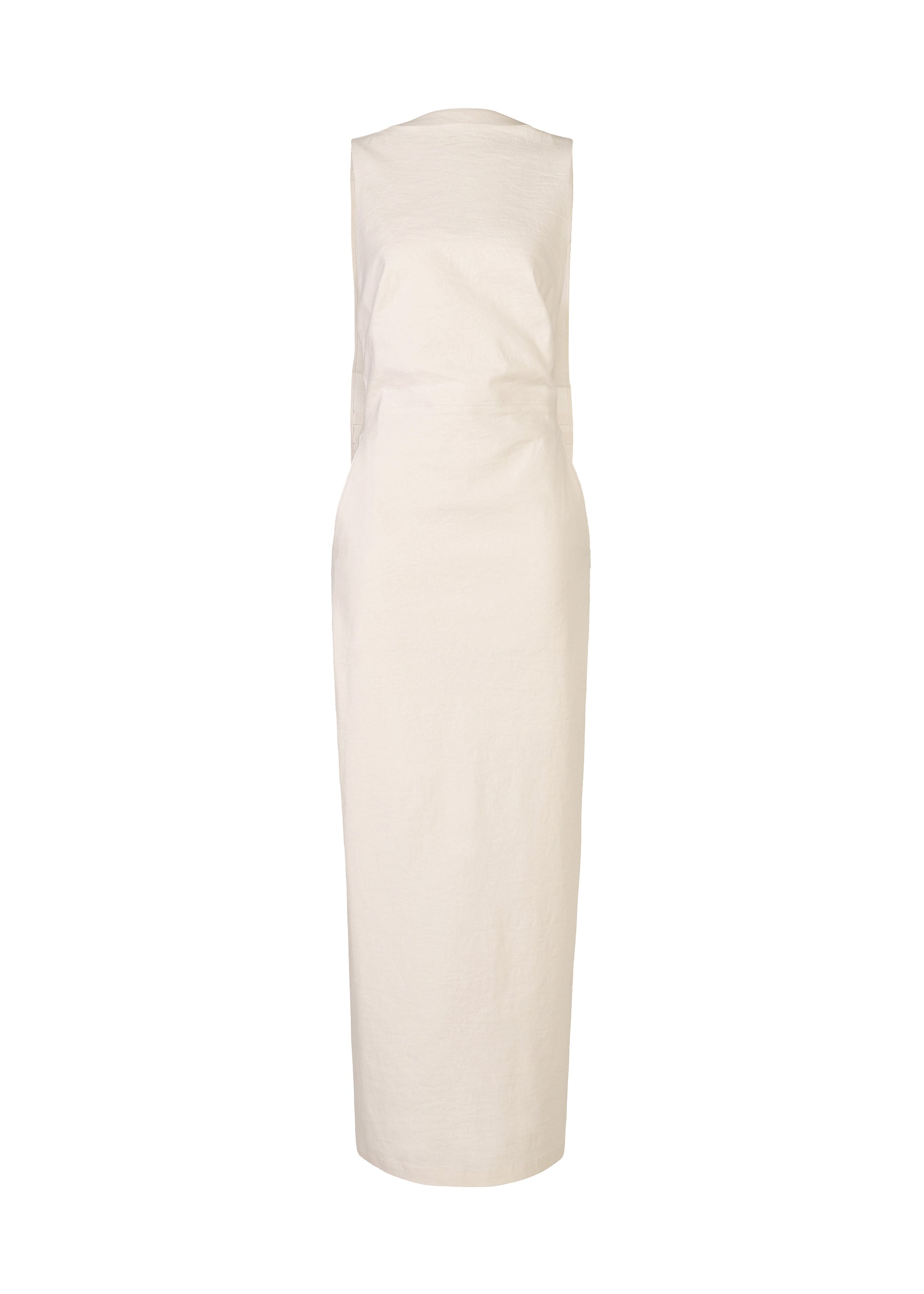 Zoomed view The ALLOW dress by ISSEY MIYAKE is a sleeveless, knee-length off-white minimalist piece crafted from washi paper-blend fabric, featuring a fitted waist and clean lines, shown on a plain white background.
