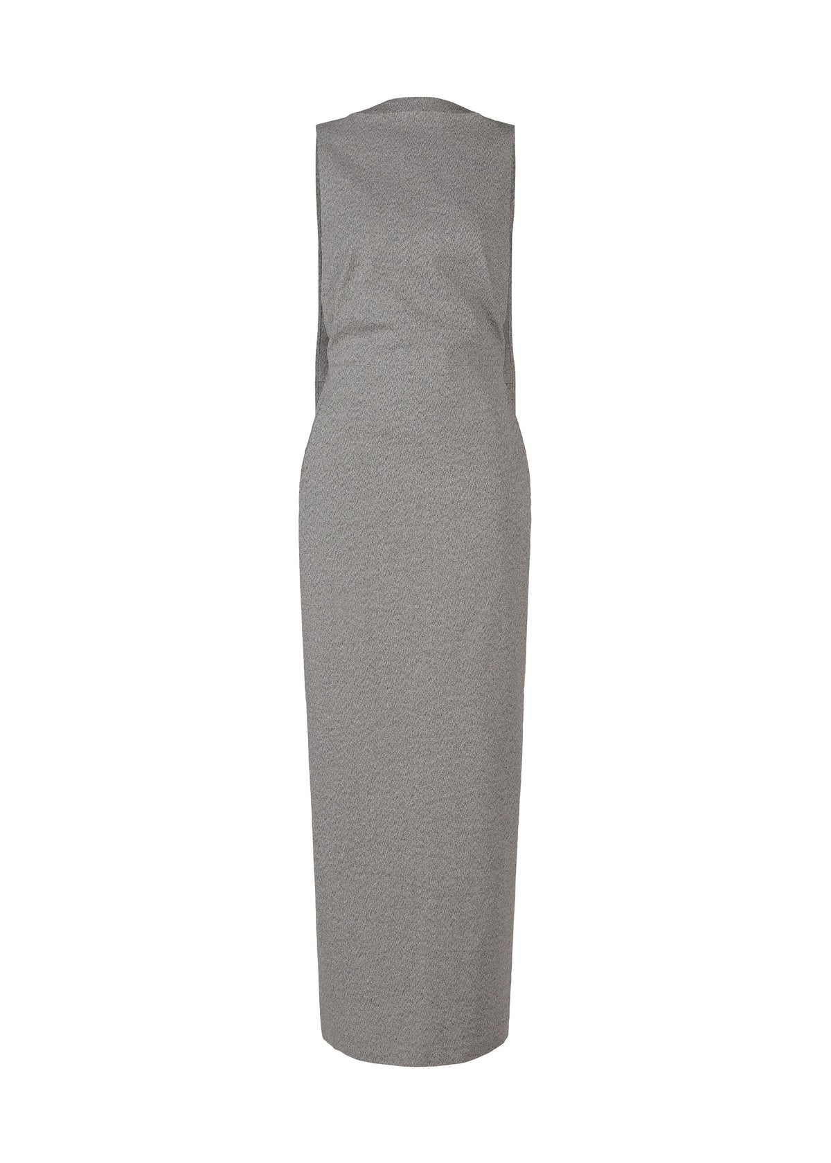 The ALLOW dress by ISSEY MIYAKE is a sleeveless, knee-length gray minimalist piece shown from the back on a white background, featuring a fitted silhouette with no visible closures or embellishments for a refined look. view 2 of 8