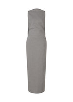 The ALLOW dress by ISSEY MIYAKE is a sleeveless, knee-length gray minimalist piece shown from the back on a white background, featuring a fitted silhouette with no visible closures or embellishments for a refined look.