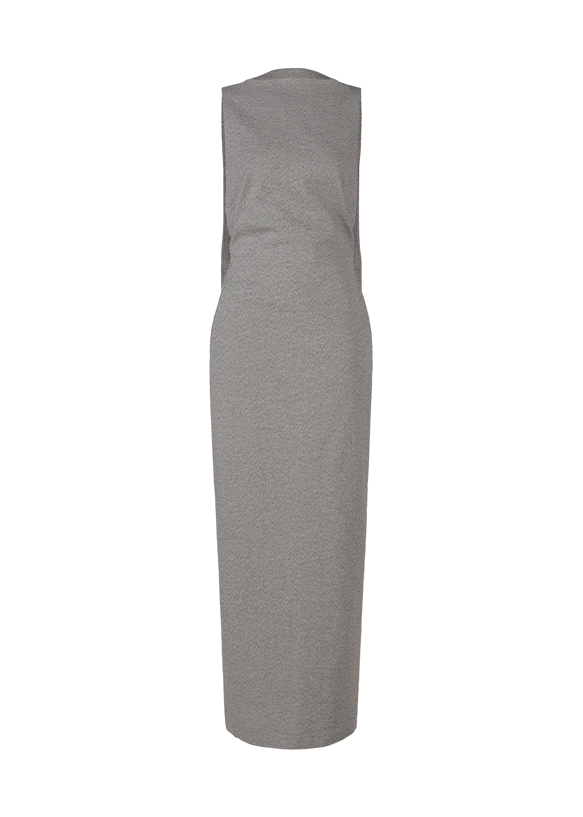 Zoomed view The ALLOW dress by ISSEY MIYAKE is a sleeveless, knee-length gray minimalist piece shown from the back on a white background, featuring a fitted silhouette with no visible closures or embellishments for a refined look.