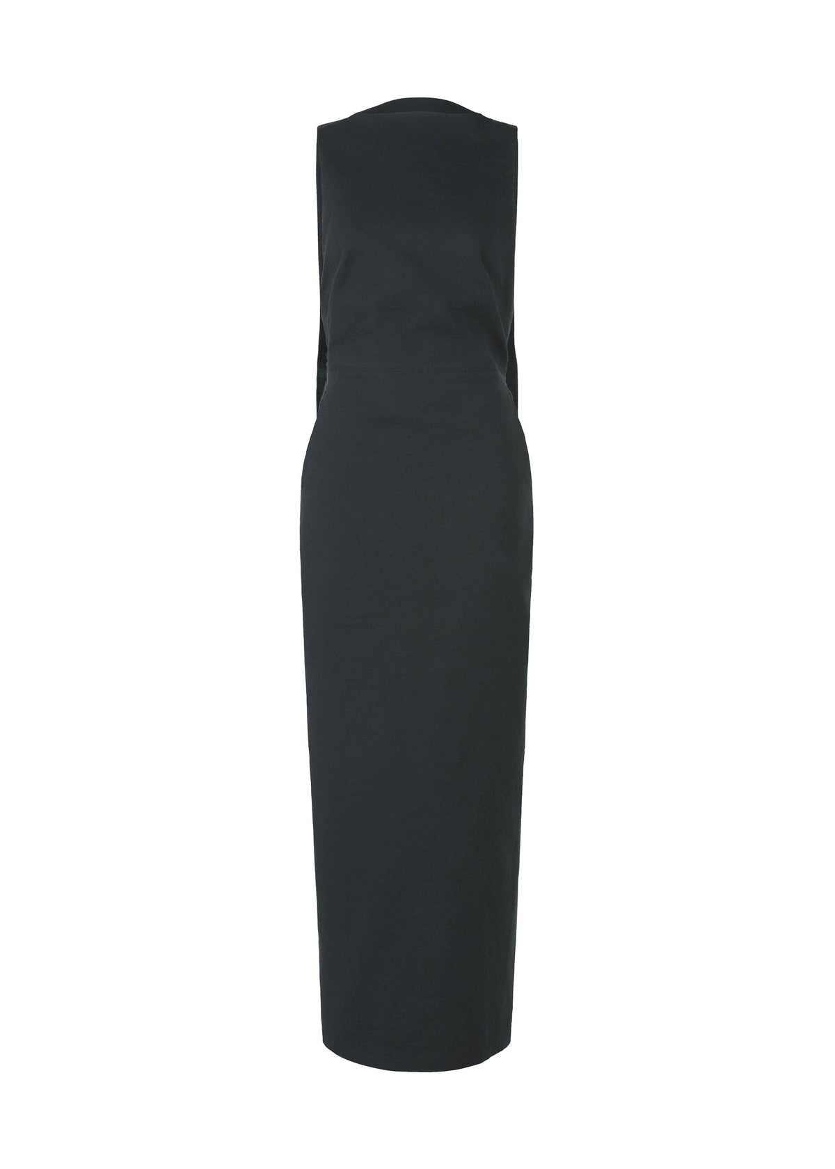 The ISSEY MIYAKE ALLOW dress, a sleeveless black ankle-length minimalist design made from washi paper-blend fabric, is displayed from the back against a plain white background. view 3 of 8