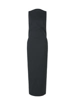 The ISSEY MIYAKE ALLOW dress, a sleeveless black ankle-length minimalist design made from washi paper-blend fabric, is displayed from the back against a plain white background. - DARK NAVY （no.78）