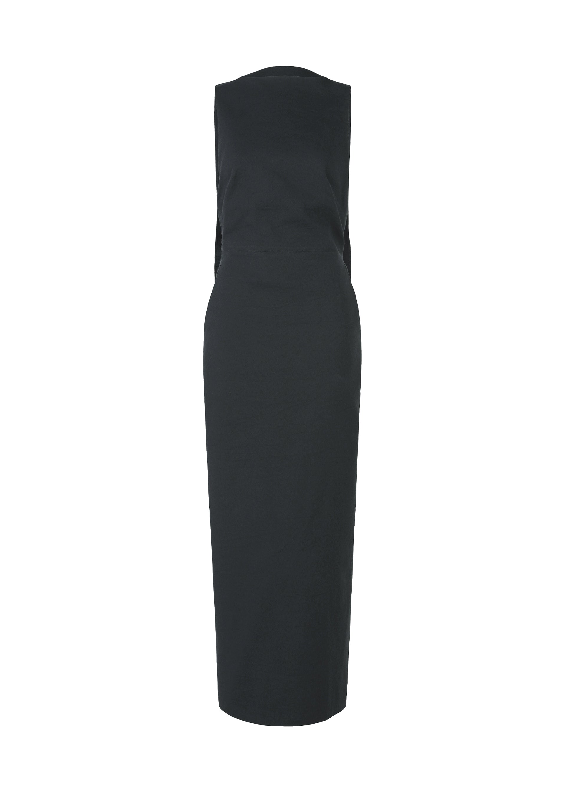 Zoomed view The ISSEY MIYAKE ALLOW dress, a sleeveless black ankle-length minimalist design made from washi paper-blend fabric, is displayed from the back against a plain white background. - DARK NAVY （no.78）
