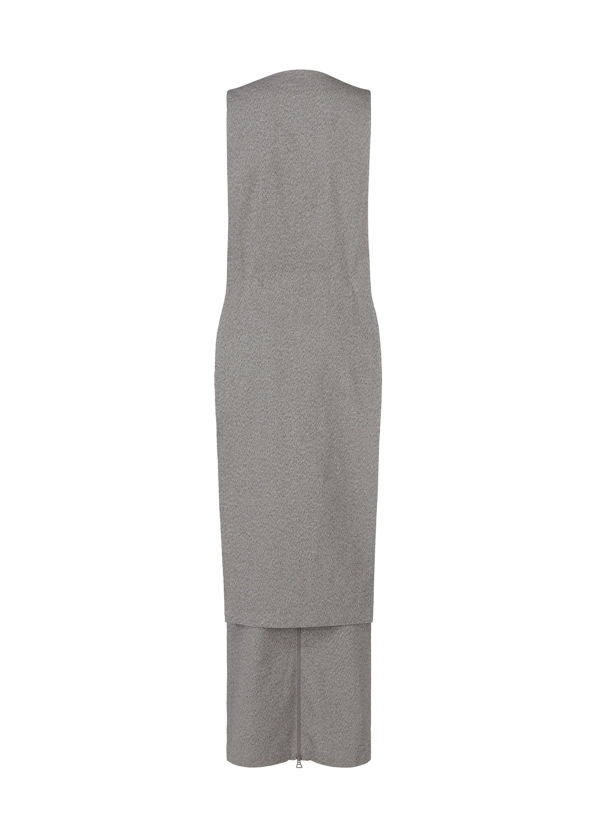 Back view of the ALLOW dress by ISSEY MIYAKE—sleeveless, knee-length, grey minimalist style with a straight cut, subtle texture, a back bottom slit, and crafted from a washi paper-blend fabric. view 4 of 8