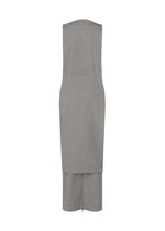 Back view of the ALLOW dress by ISSEY MIYAKE—sleeveless, knee-length, grey minimalist style with a straight cut, subtle texture, a back bottom slit, and crafted from a washi paper-blend fabric.