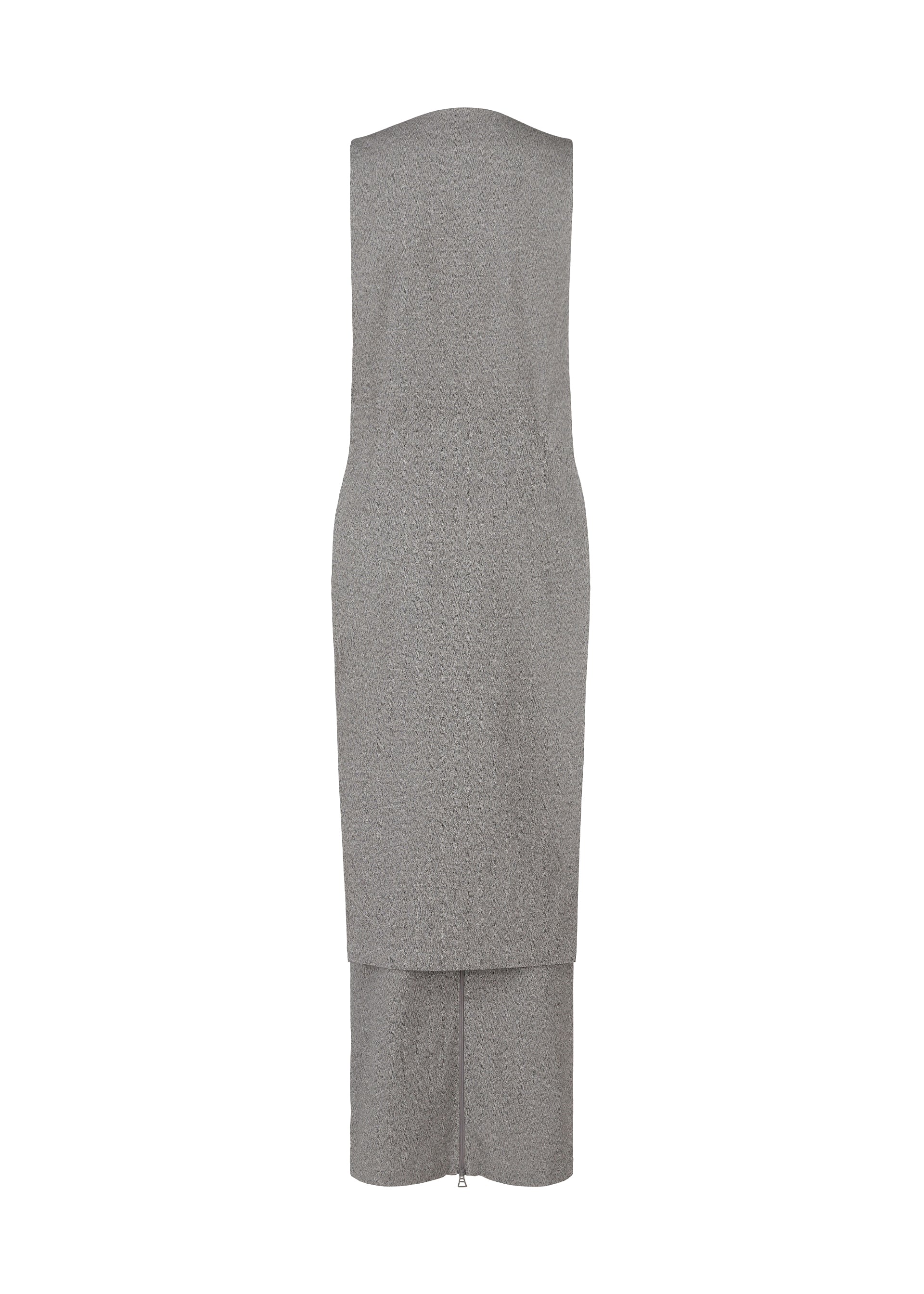 Zoomed view Back view of the ALLOW dress by ISSEY MIYAKE—sleeveless, knee-length, grey minimalist style with a straight cut, subtle texture, a back bottom slit, and crafted from a washi paper-blend fabric.