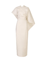 The ISSEY MIYAKE ALLOW dress features a minimalist off-white design with a fitted waist, asymmetrical shape, one short and one wide draped sleeve, clean lines, high neckline, and a subtle stone-like texture for modern flair. - OFF-WHITE （no.02）