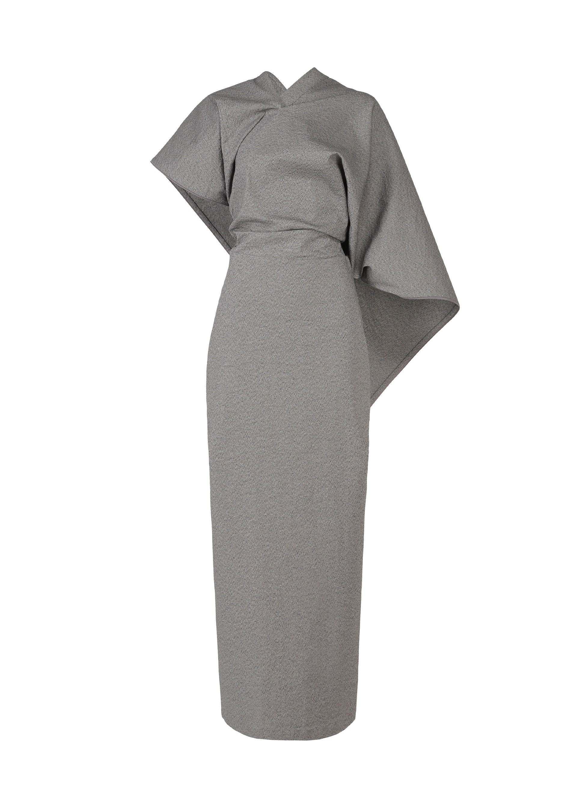 Zoomed view The ALLOW dress by ISSEY MIYAKE features a gray, ankle-length washi paper-blend fabric with a fitted waist, straight skirt, and wide asymmetrical sleeves for a sculptural, stone-like look. Shown against a plain white background. - GRAY （no.12）
