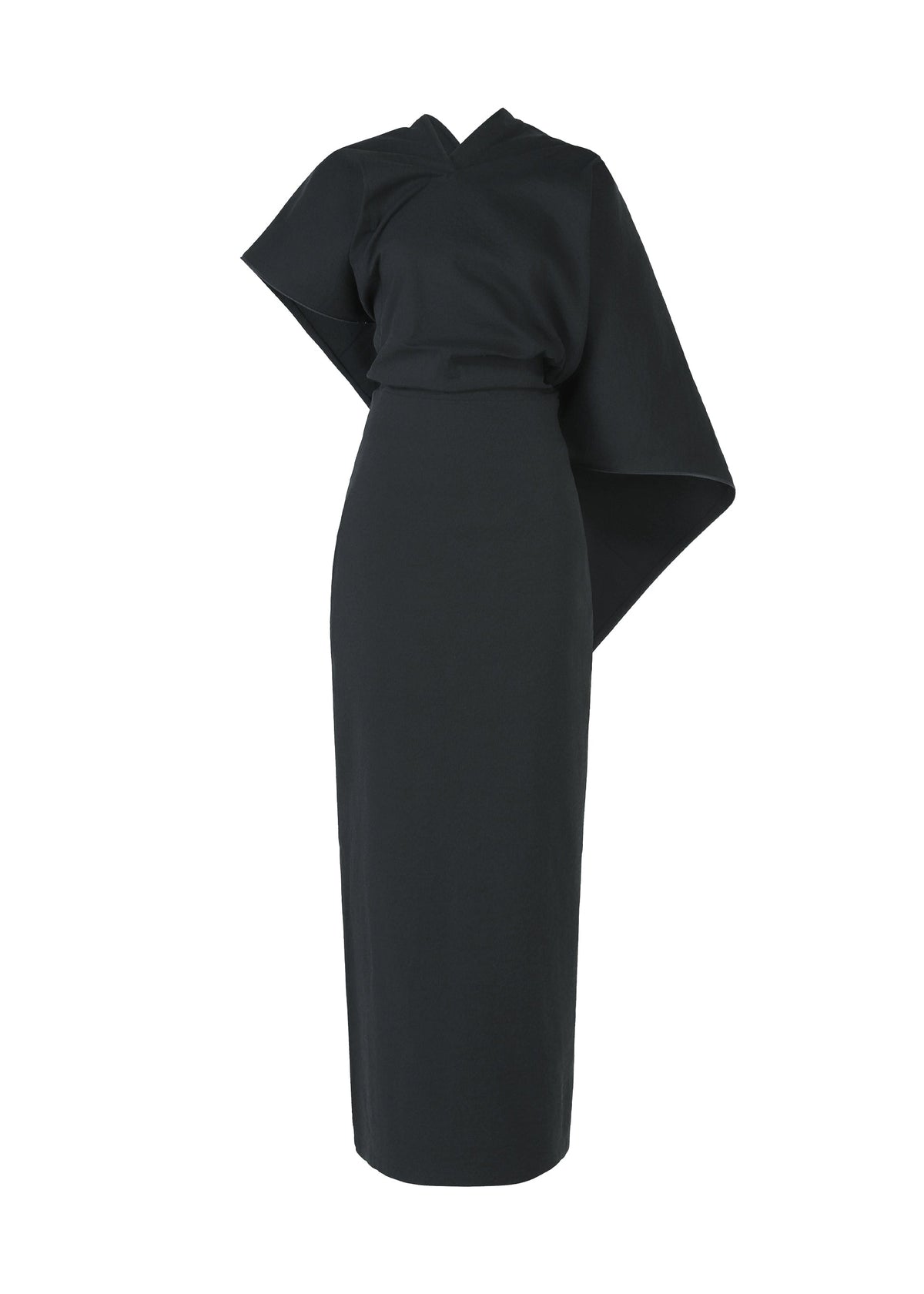 The ALLOW dress by ISSEY MIYAKE is a long, fitted black washi paper-blend piece with a sleek one-shoulder design, draped left sleeve, high neckline, and minimalist silhouette. view 3 of 8