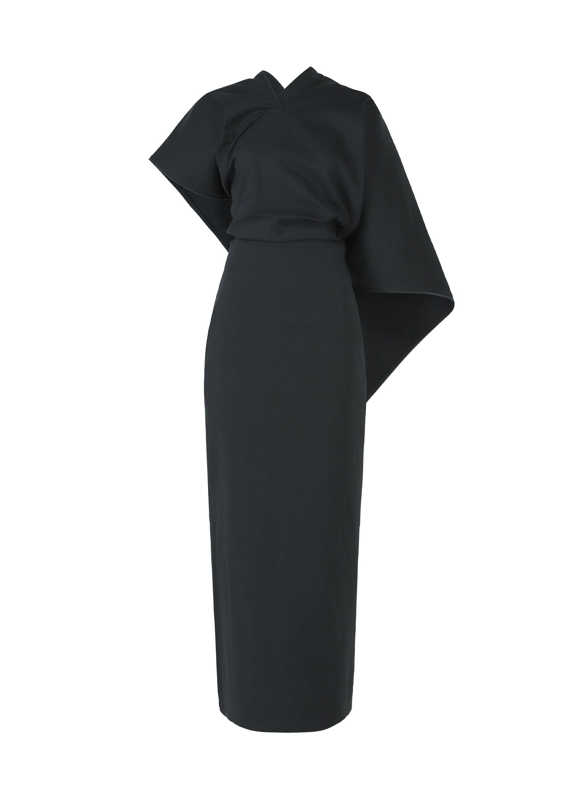 Zoomed view The ALLOW dress by ISSEY MIYAKE is a long, fitted black washi paper-blend piece with a sleek one-shoulder design, draped left sleeve, high neckline, and minimalist silhouette. - DARK NAVY （no.78）