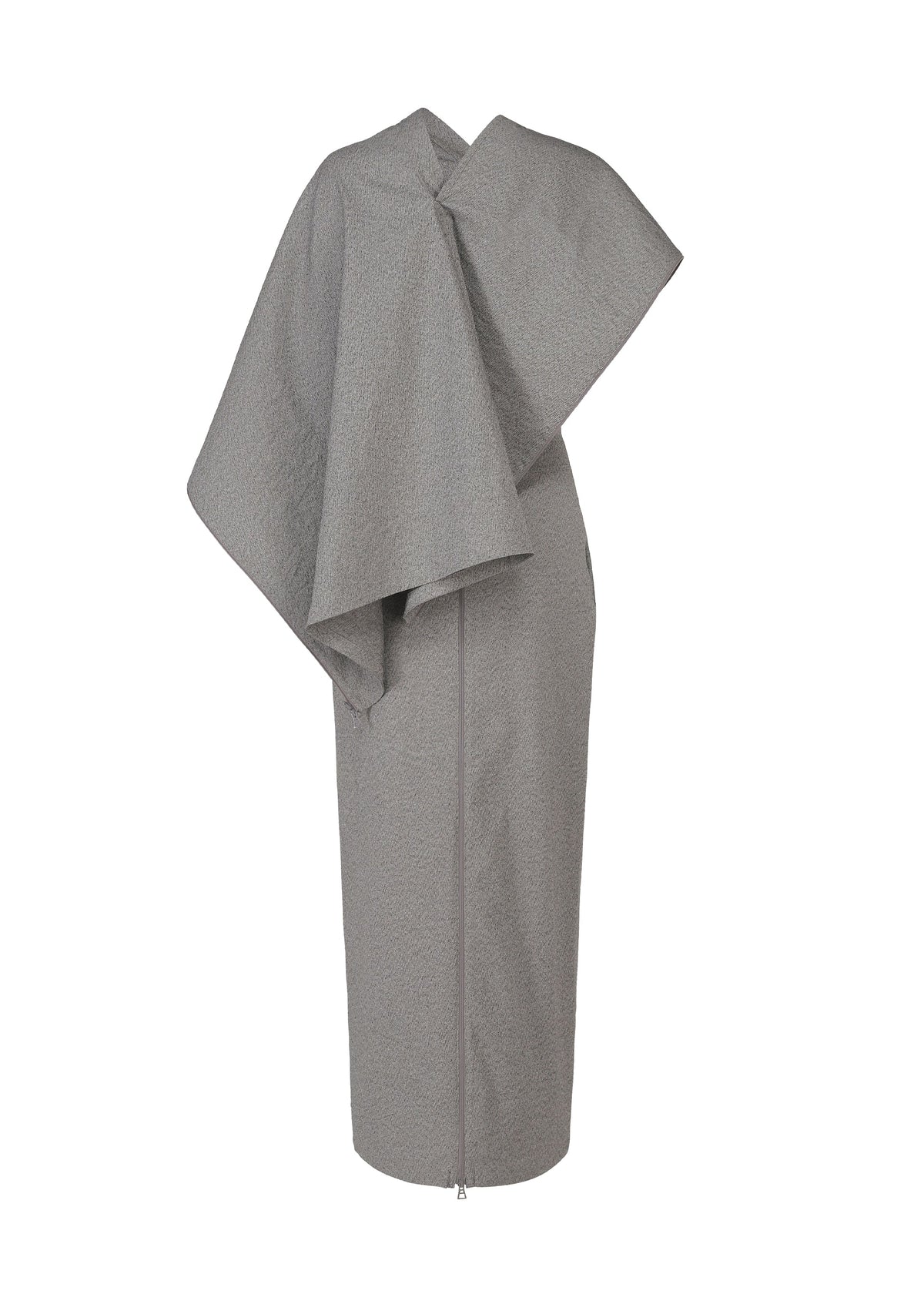 The ALLOW knee-length dress by ISSEY MIYAKE showcases a gray, stone-like texture with an asymmetrical design, featuring a dramatic draped detail over one shoulder and a sleek, minimalist silhouette. view 4 of 8