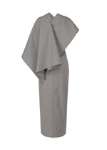 The ALLOW knee-length dress by ISSEY MIYAKE showcases a gray, stone-like texture with an asymmetrical design, featuring a dramatic draped detail over one shoulder and a sleek, minimalist silhouette.