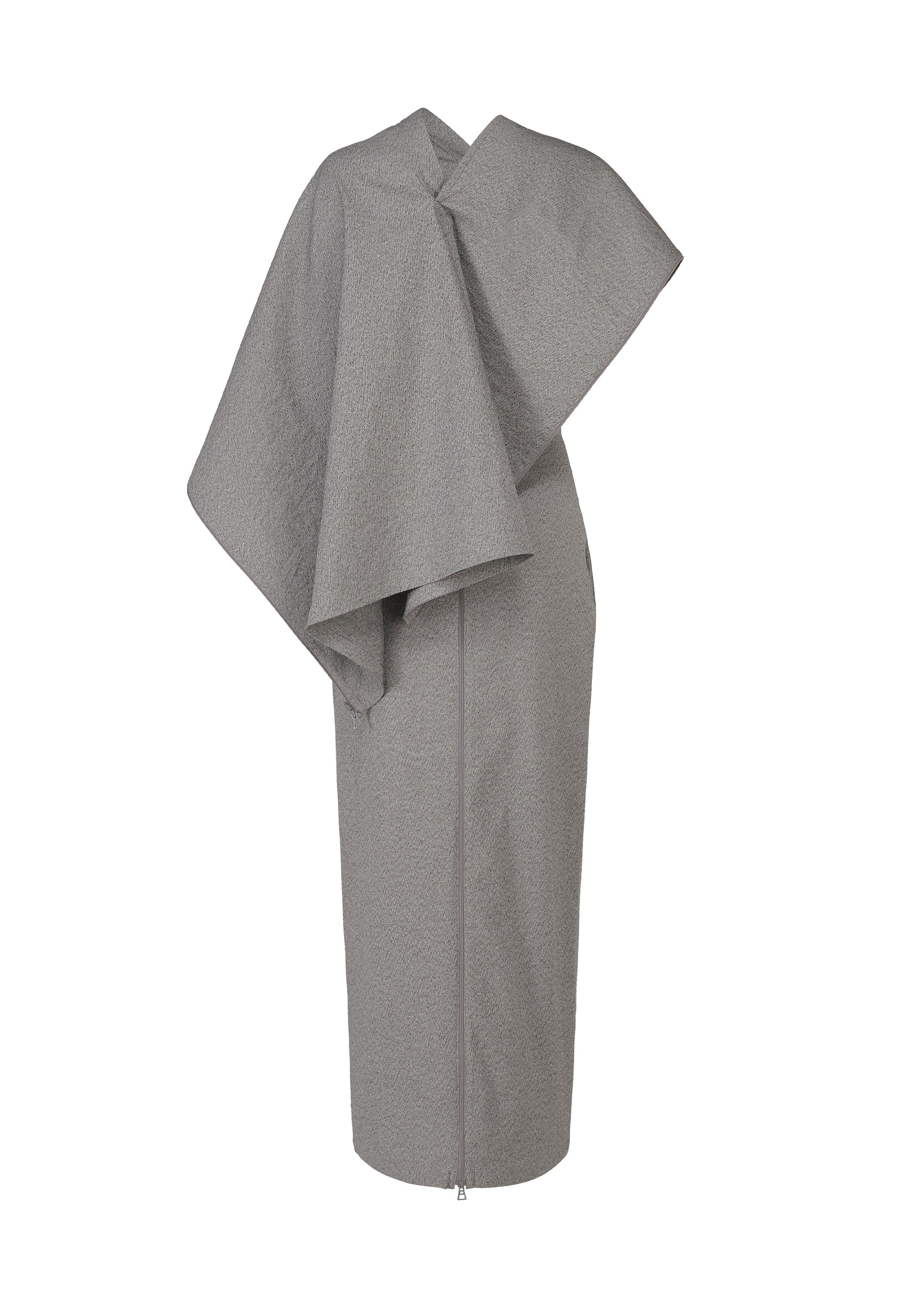 Zoomed view The ALLOW knee-length dress by ISSEY MIYAKE showcases a gray, stone-like texture with an asymmetrical design, featuring a dramatic draped detail over one shoulder and a sleek, minimalist silhouette.