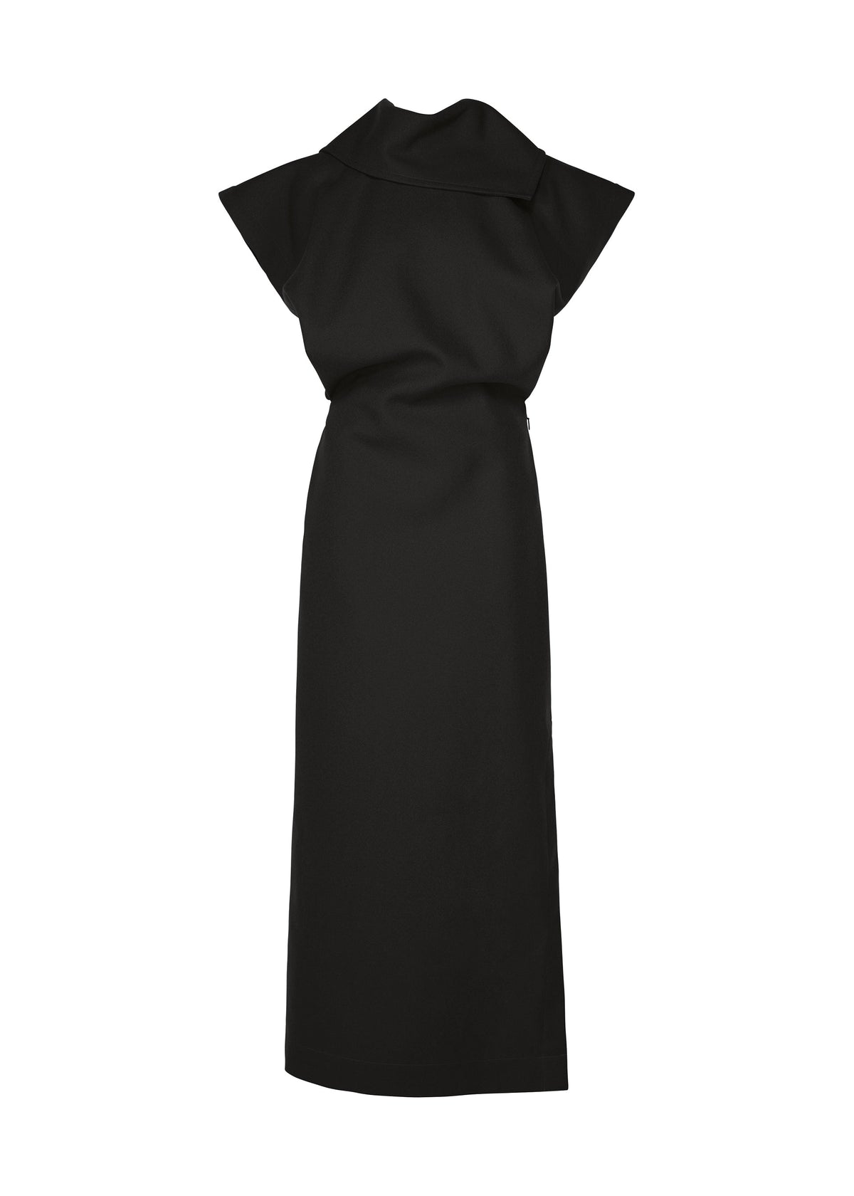 Sleeveless, long black CALLIGRAPH dress by ISSEY MIYAKE, featuring a high neckline and structured shoulders, expertly crafted from premium nashiji pebbled wool dress material. Displayed on a plain white background—an elegant piece inspired by the brand’s signature aesthetic. view 1 of 7
