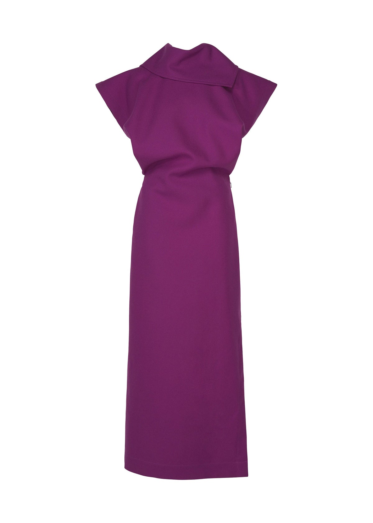The CALLIGRAPH by ISSEY MIYAKE is a sleeveless purple midi dress with a high collar and structured shoulders, crafted from nashiji pebbled fabric in the brand’s signature style. It features a straight, simple silhouette without visible patterns or embellishments. view 2 of 7