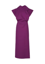 The CALLIGRAPH by ISSEY MIYAKE is a sleeveless purple midi dress with a high collar and structured shoulders, crafted from nashiji pebbled fabric in the brand’s signature style. It features a straight, simple silhouette without visible patterns or embellishments. - PURPLE （no.81）