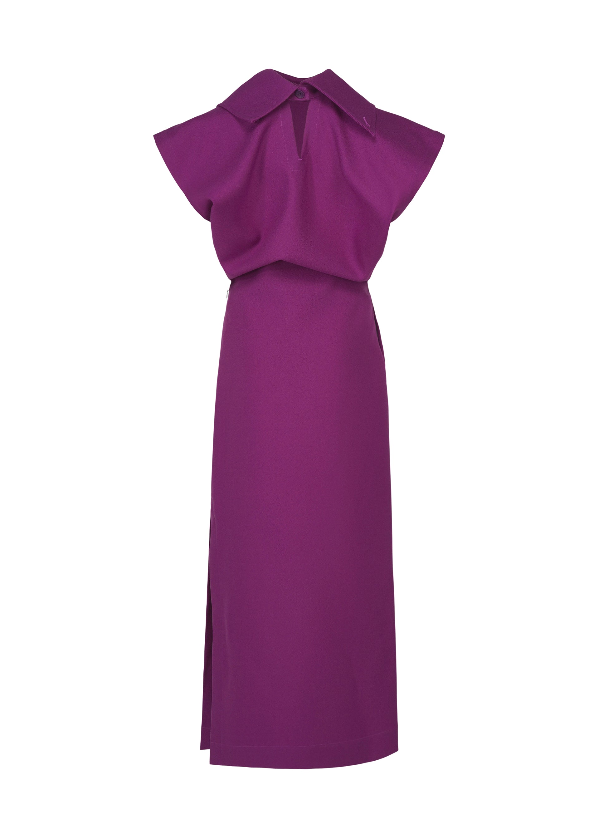 Zoomed view Sleeveless purple midi dress from the CALLIGRAPH collection by ISSEY MIYAKE, crafted from premium wool dress material with a distinctive nashiji pebbled fabric texture. The design features a wide collar, folded sleeves, a keyhole neckline, and a straight skirt with a side slit. Displayed on a plain white background, this piece reflects the effortless elegance that defines ISSEY MIYAKE.