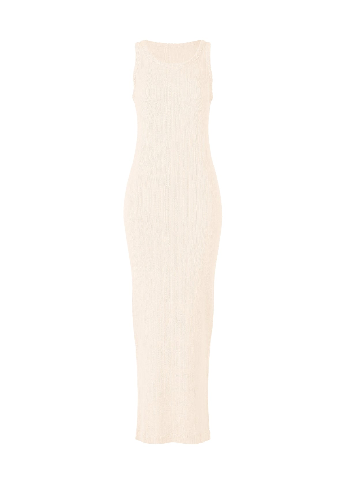 The ISSEY MIYAKE RILL is a sleeveless, ankle-length cream dress with a round neckline, fitted silhouette, and ribbed pleated texture, shown against a plain white background. view 1 of 6