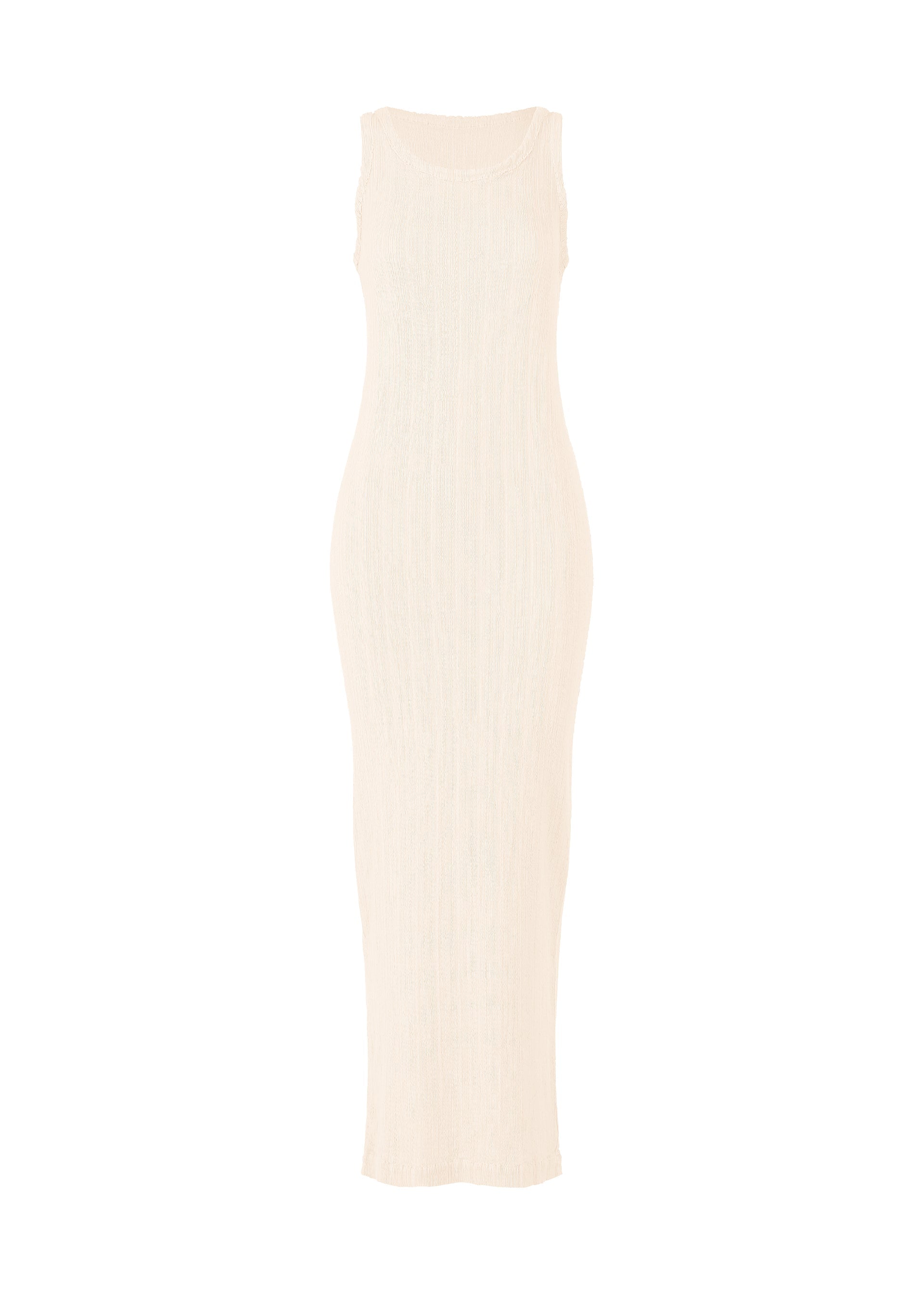 Zoomed view The ISSEY MIYAKE RILL is a sleeveless, ankle-length cream dress with a round neckline, fitted silhouette, and ribbed pleated texture, shown against a plain white background. - OFF-WHITE （no.02）